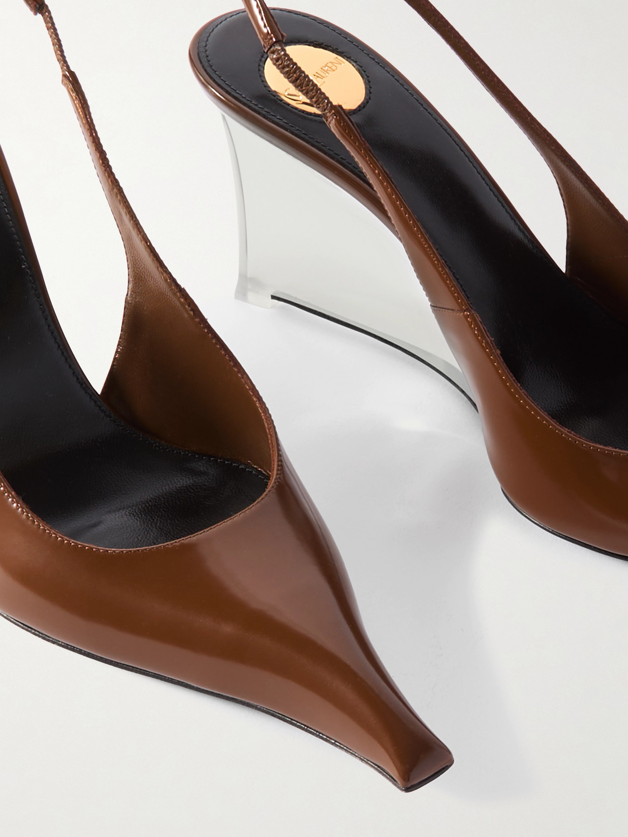 Shop Saint Laurent Miller Patent-leather Slingback Wedge Pumps In Brown