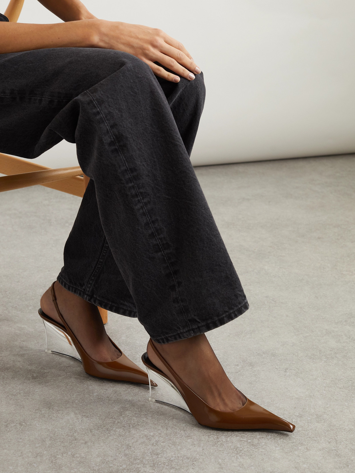 Shop Saint Laurent Miller Patent-leather Slingback Wedge Pumps In Brown