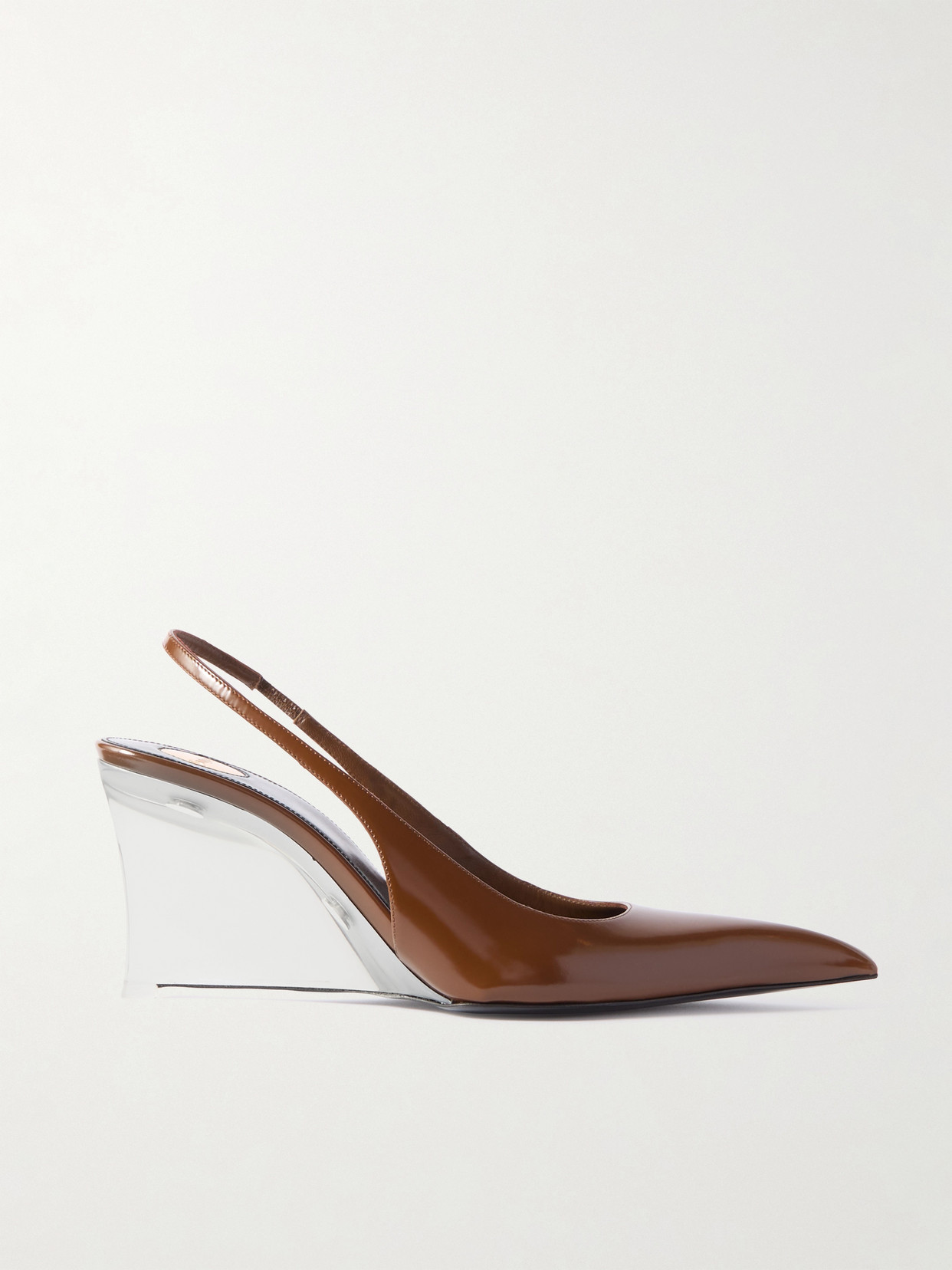 Shop Saint Laurent Miller Patent-leather Slingback Wedge Pumps In Brown