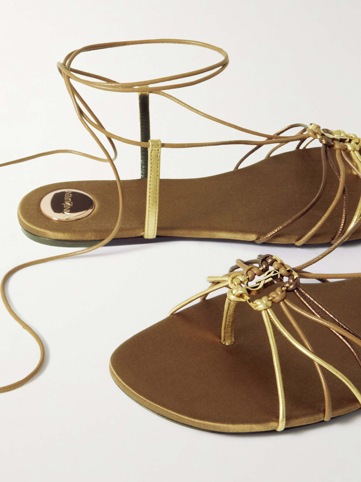Saint Laurent Babylone Embellished Metallic Leather Sandals In Brown