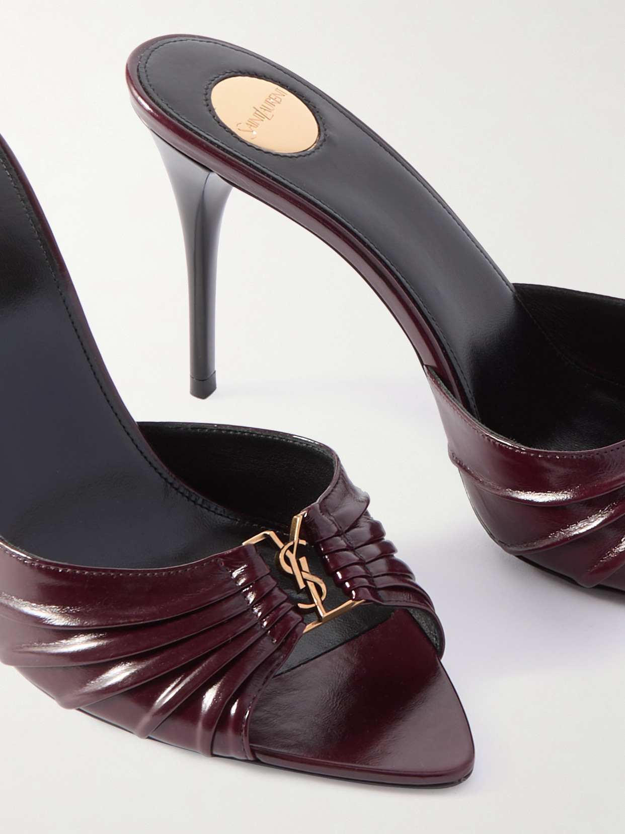 Saint Laurent Babylone Embellished Gathered Glossed-leather Mules In Brown