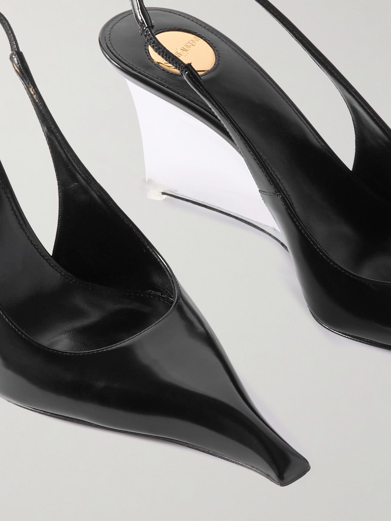 Shop Saint Laurent Miller Patent-leather Slingback Wedge Pumps In Black