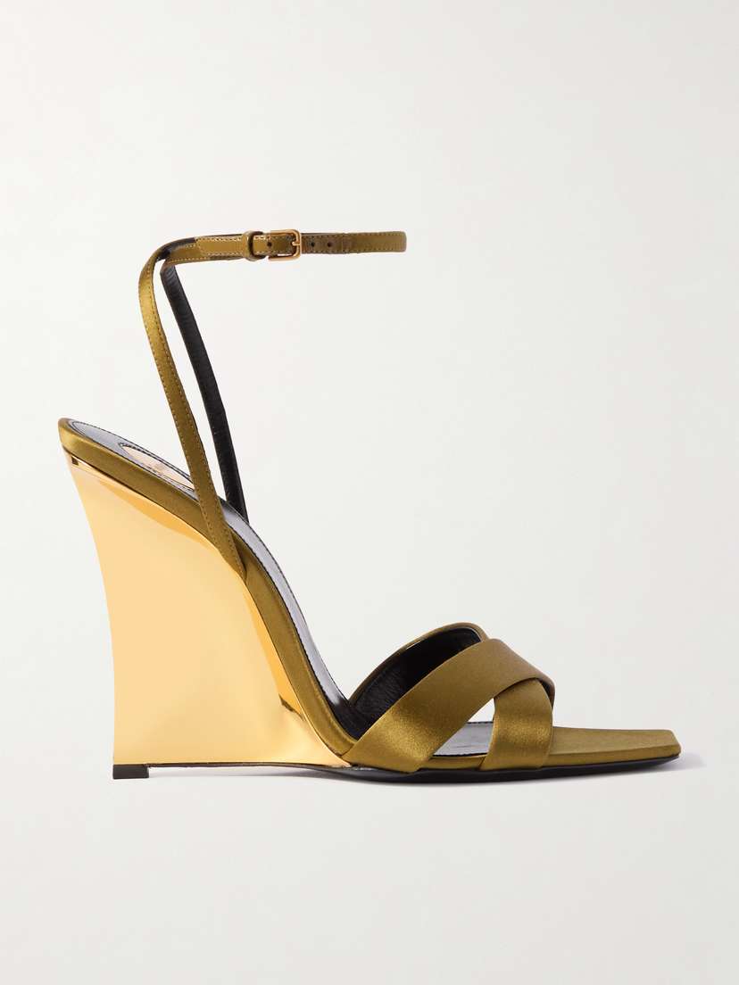 Saint Laurent Lucienne Leather-trimmed Satin Wedge Sandals