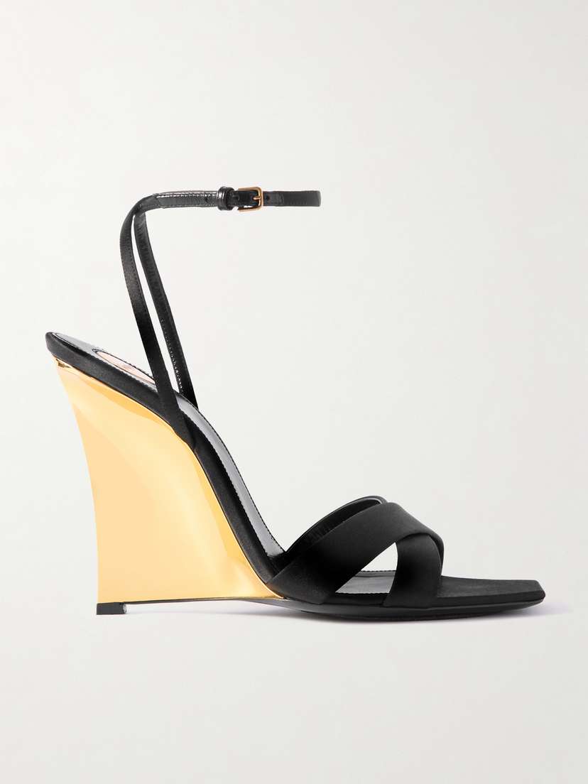 Saint Laurent Lucienne Leather-trimmed Satin Wedge Mules