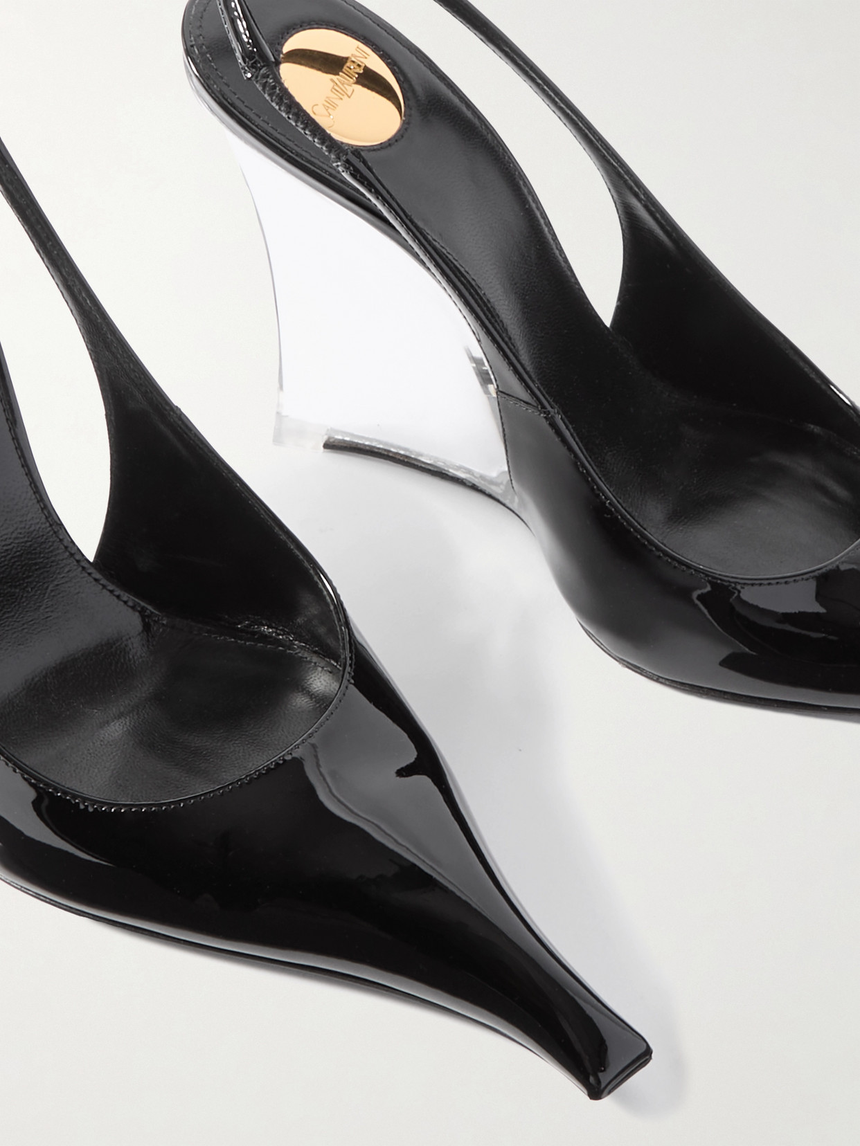Shop Saint Laurent Miller Patent-leather Slingback Wedge Pumps In Black