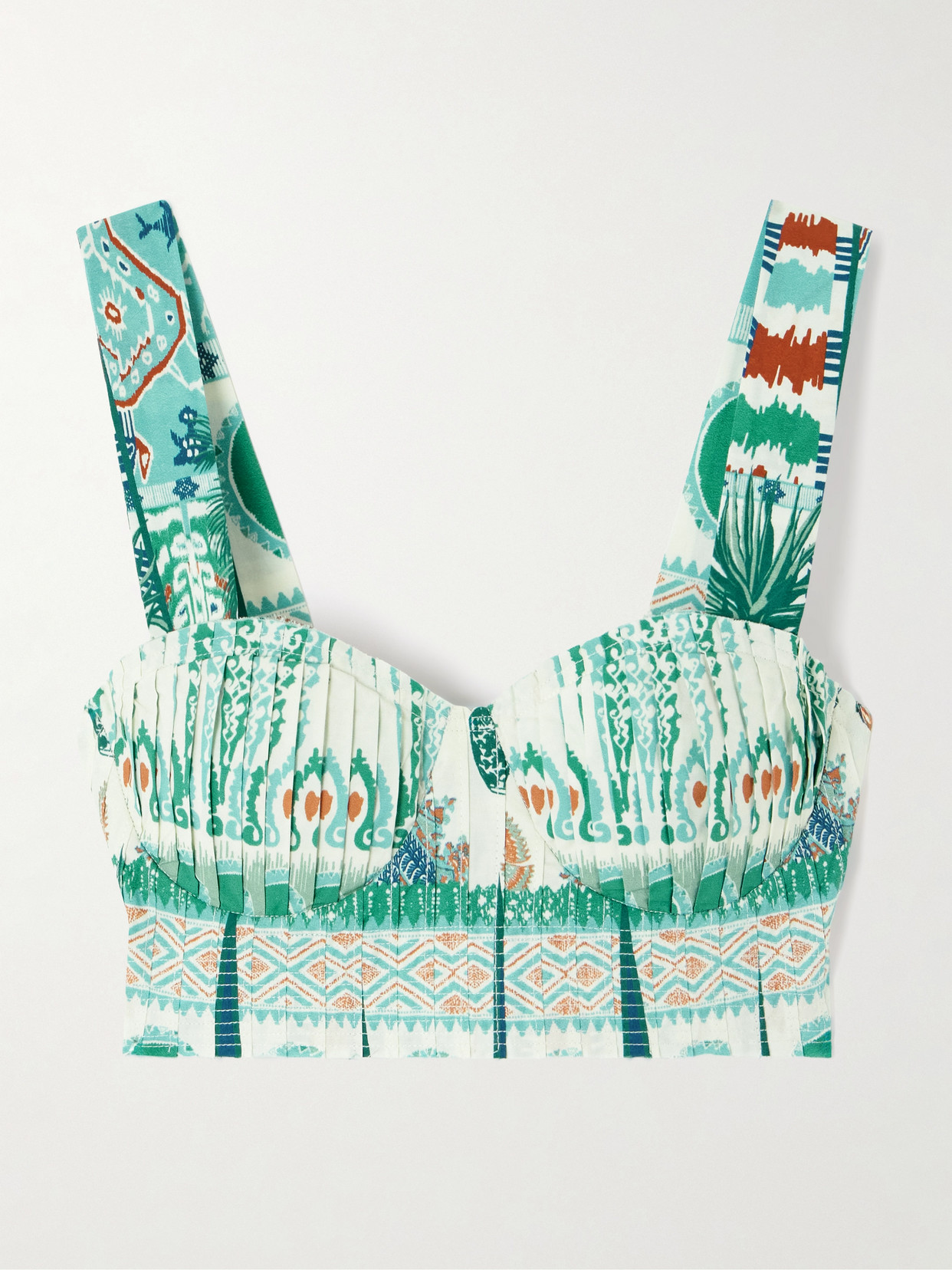 Emporio Sirenuse Dalia Cropped Shirred Printed Cotton Bustier Top In Green
