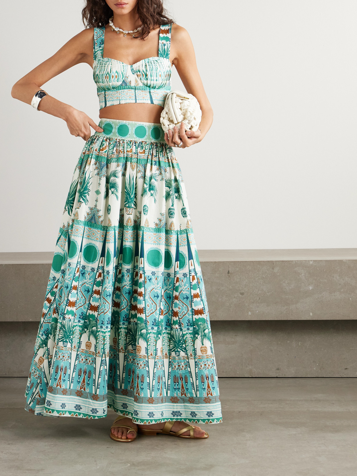 Emporio Sirenuse Dalia Cropped Shirred Printed Cotton Bustier Top In Green