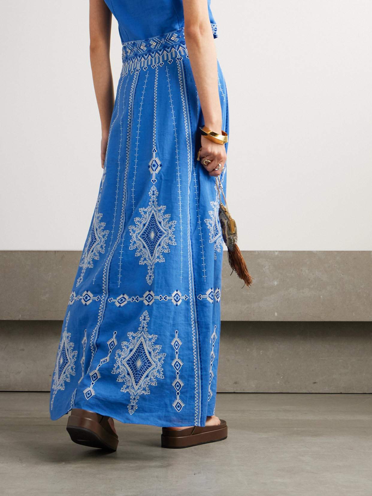Emporio Sirenuse Camille Astragal Embroidered Linen And Cotton-blend Maxi Skirt In Blue