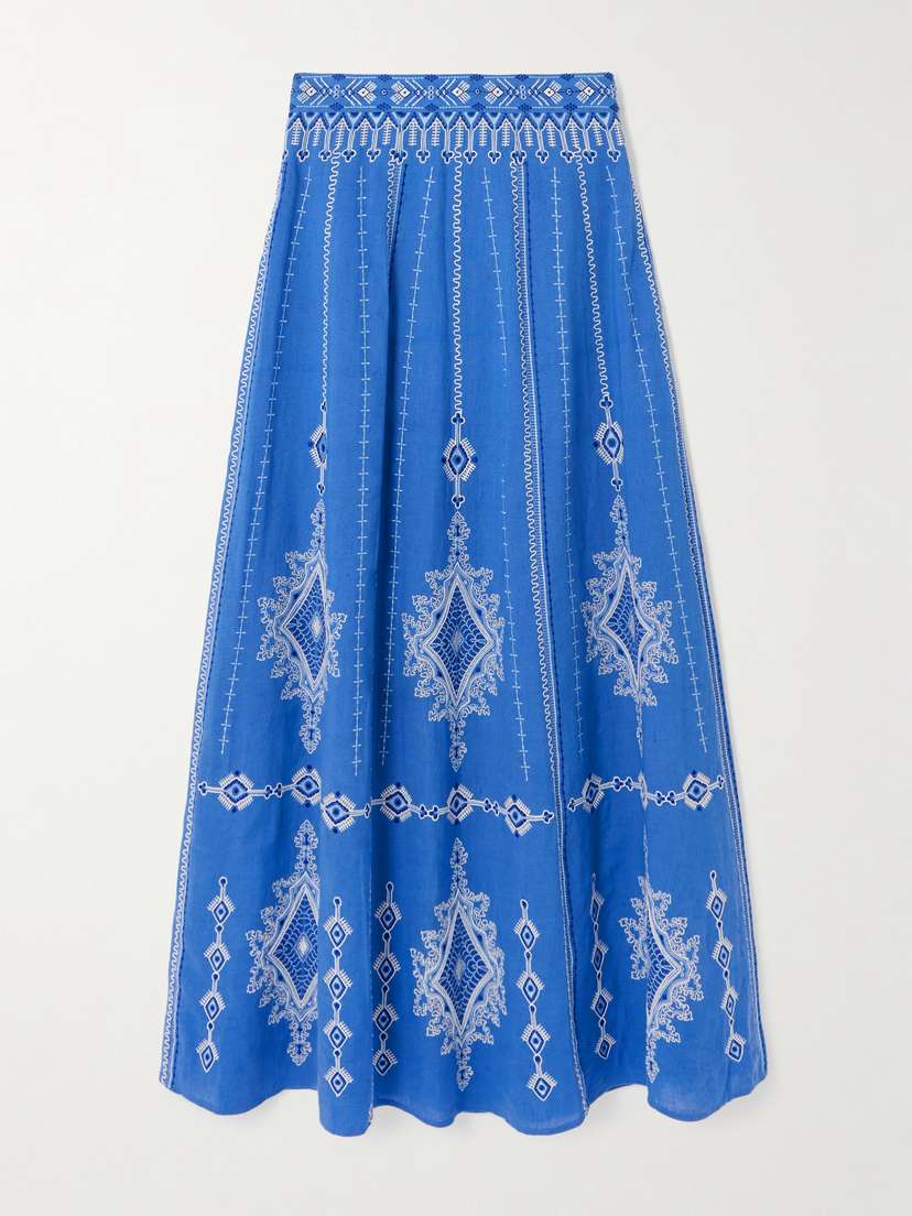 Emporio Sirenuse Camille Astragal Embroidered Linen And Cotton-blend Maxi Skirt