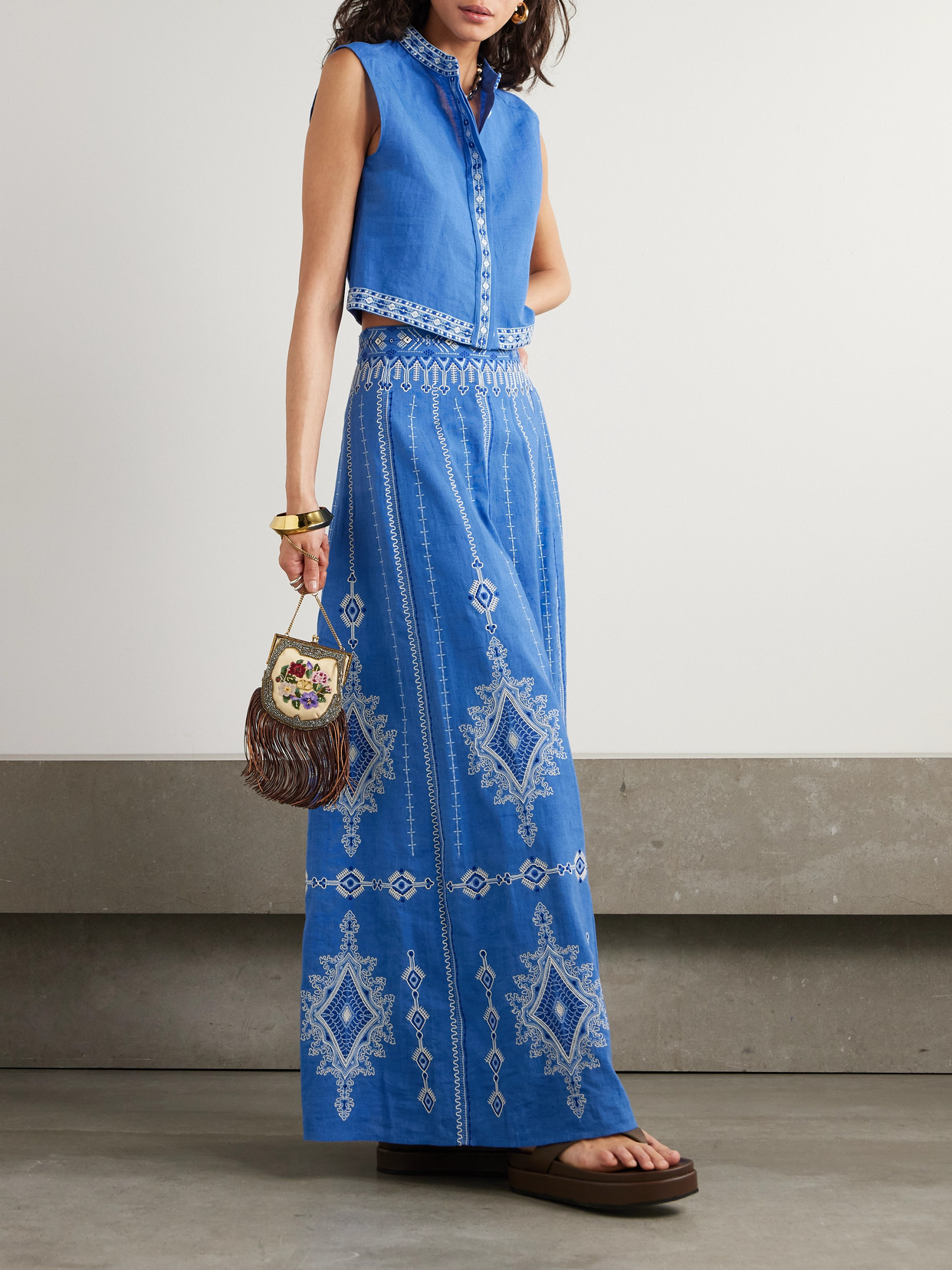 Emporio Sirenuse Camille Astragal Embroidered Linen And Cotton-blend Maxi Skirt In Blue