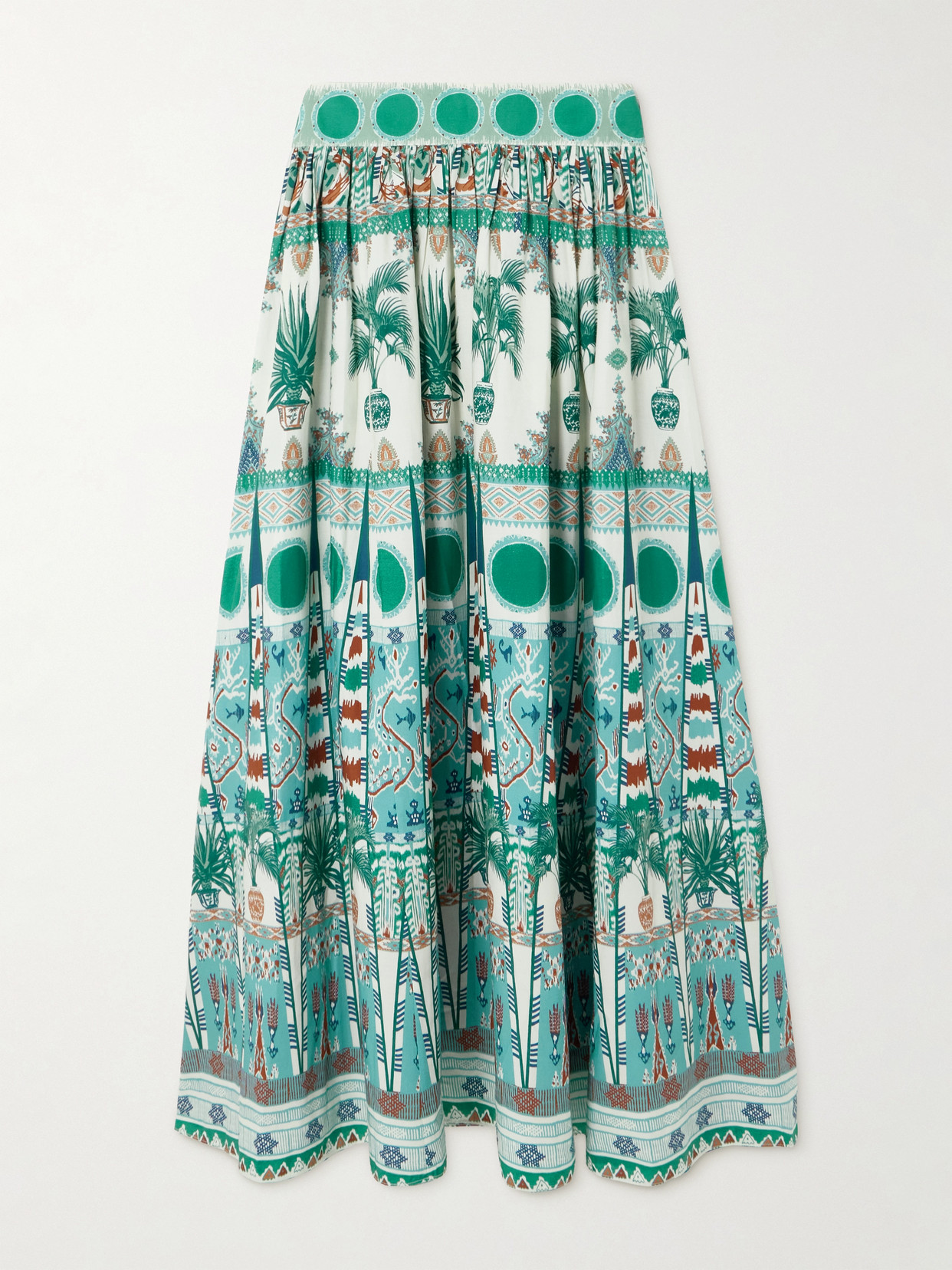 Emporio Sirenuse Ombretta Gathered Printed Cotton-poplin Maxi Skirt In Green