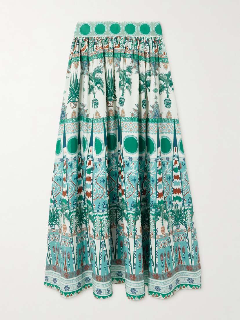 Emporio Sirenuse Ombretta Gathered Printed Cotton-poplin Maxi Skirt
