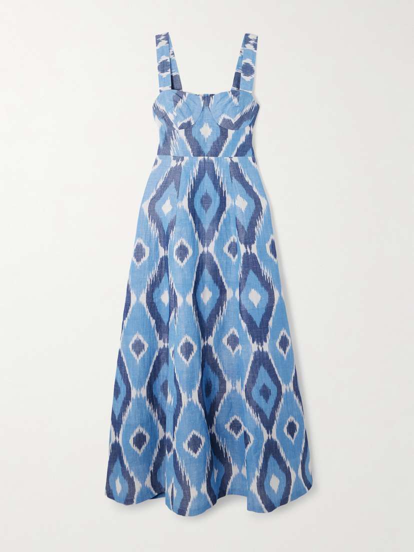 Emporio Sirenuse Azzurra Open-back Printed Hemp And Cotton-blend Maxi Dress