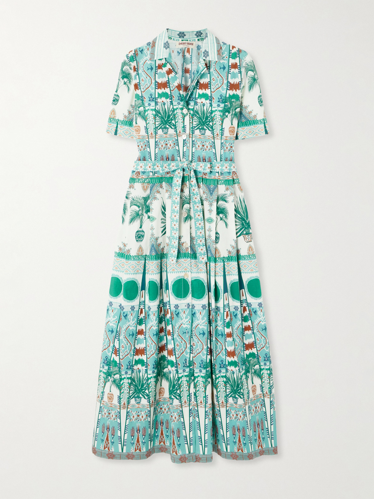 Emporio Sirenuse Claudia Belted Pleated Printed Cotton-poplin Midi Shirt Dress In Green