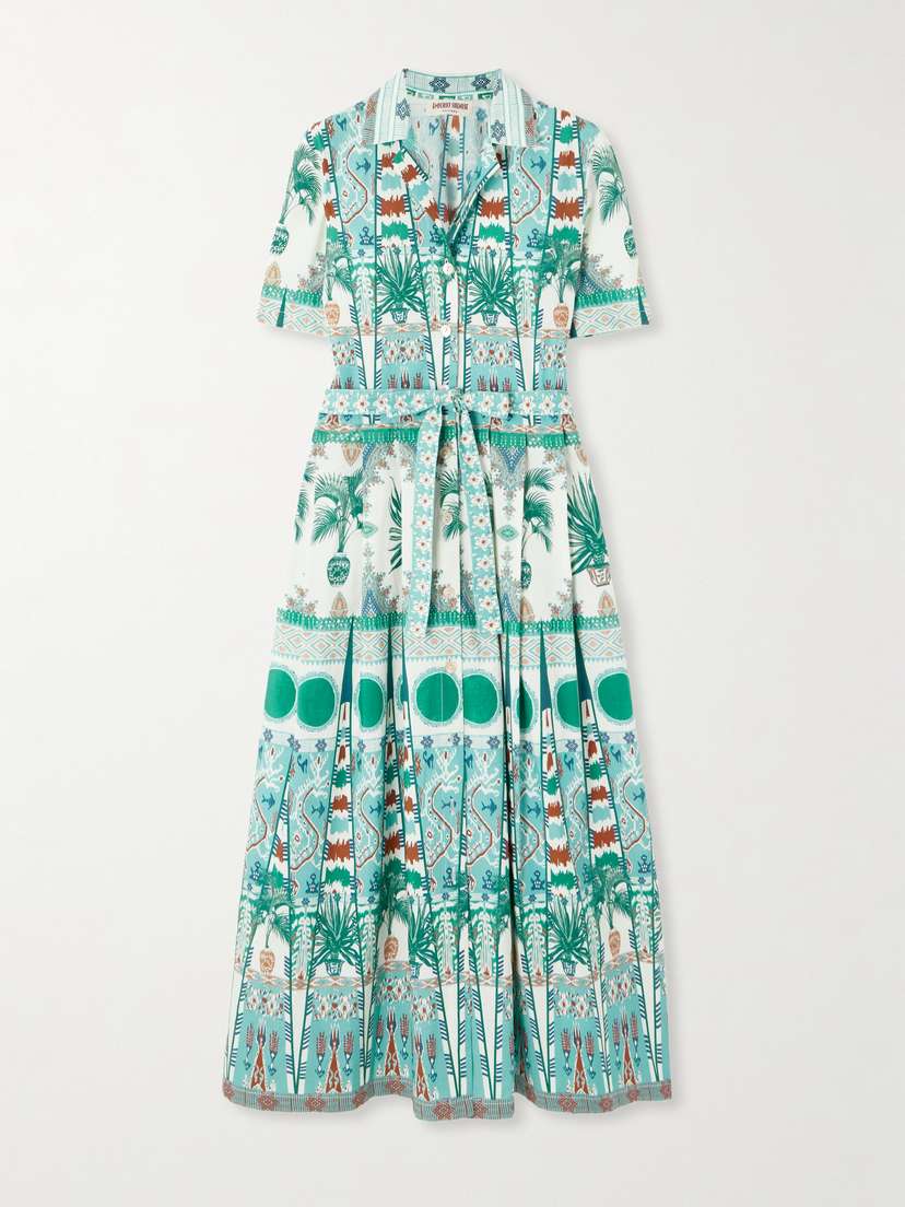 Emporio Sirenuse Claudia Belted Pleated Printed Cotton-poplin Midi Shirt Dress