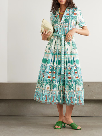 Emporio Sirenuse Claudia belted pleated printed cotton-poplin midi shirt dress