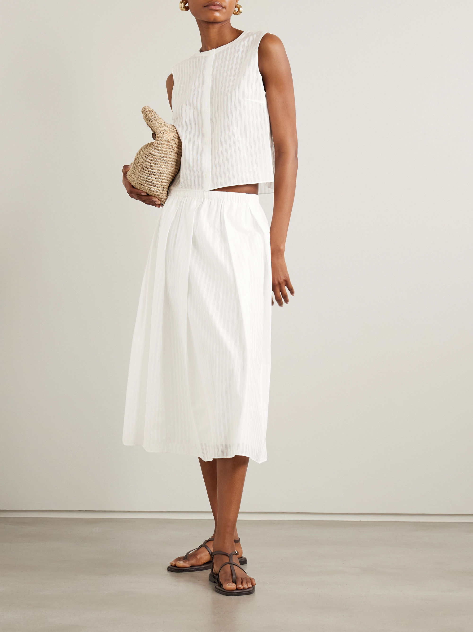 Theory Pleated striped cotton-poplin midi skirt