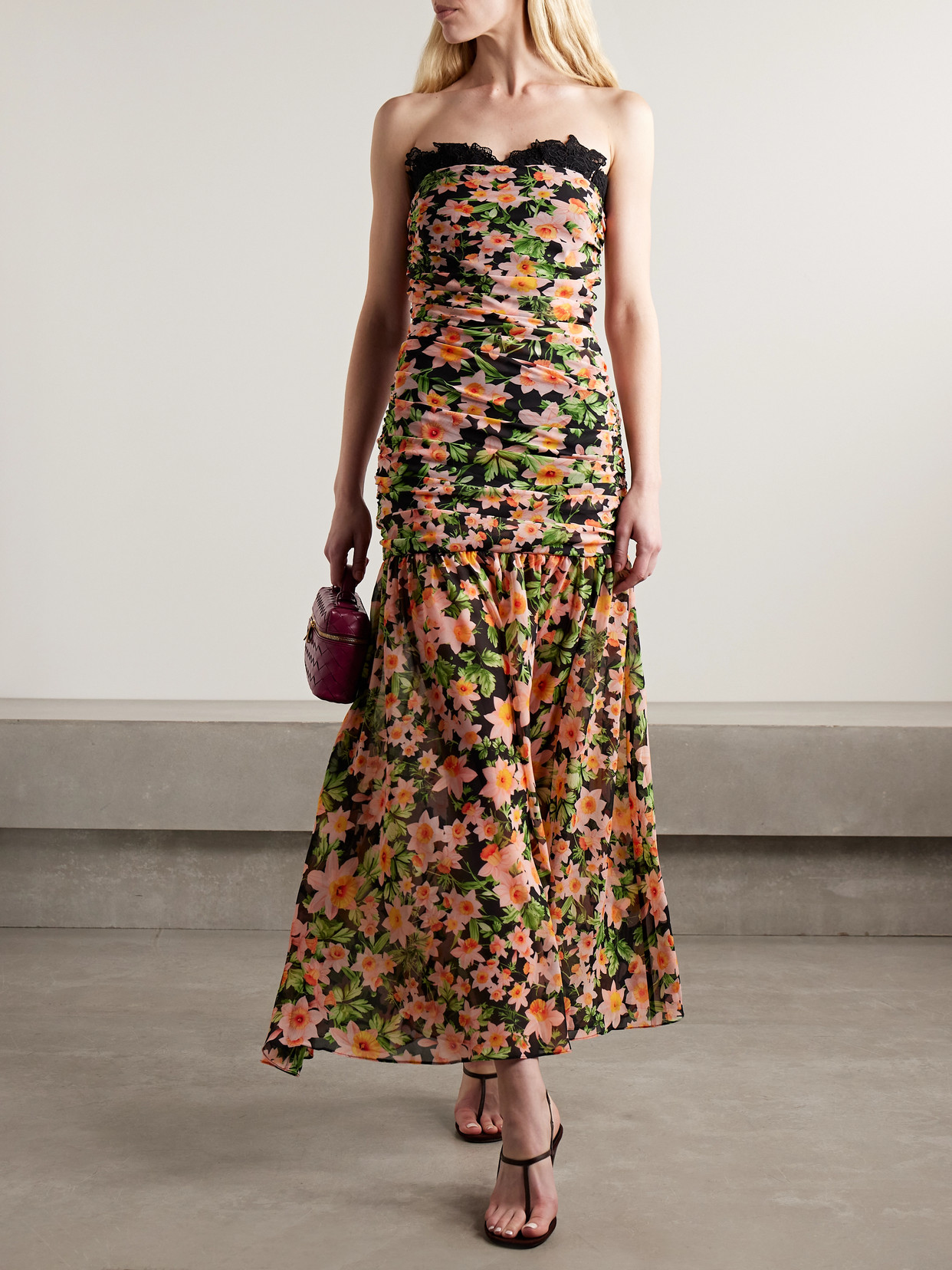 Kika Vargas Viola Lace-trimmed Floral-print Chiffon Midi Dress In Multi