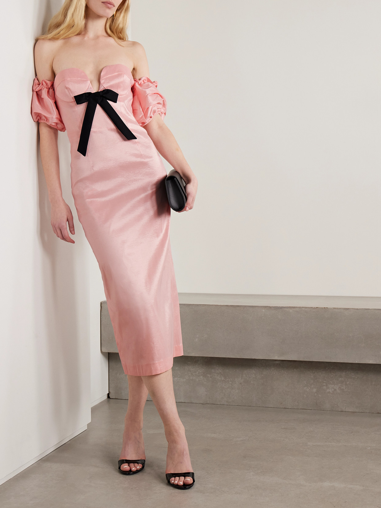 Kika Vargas Stella Off-the-shoulder Bow-detailed Taffeta Midi Dress In Pink