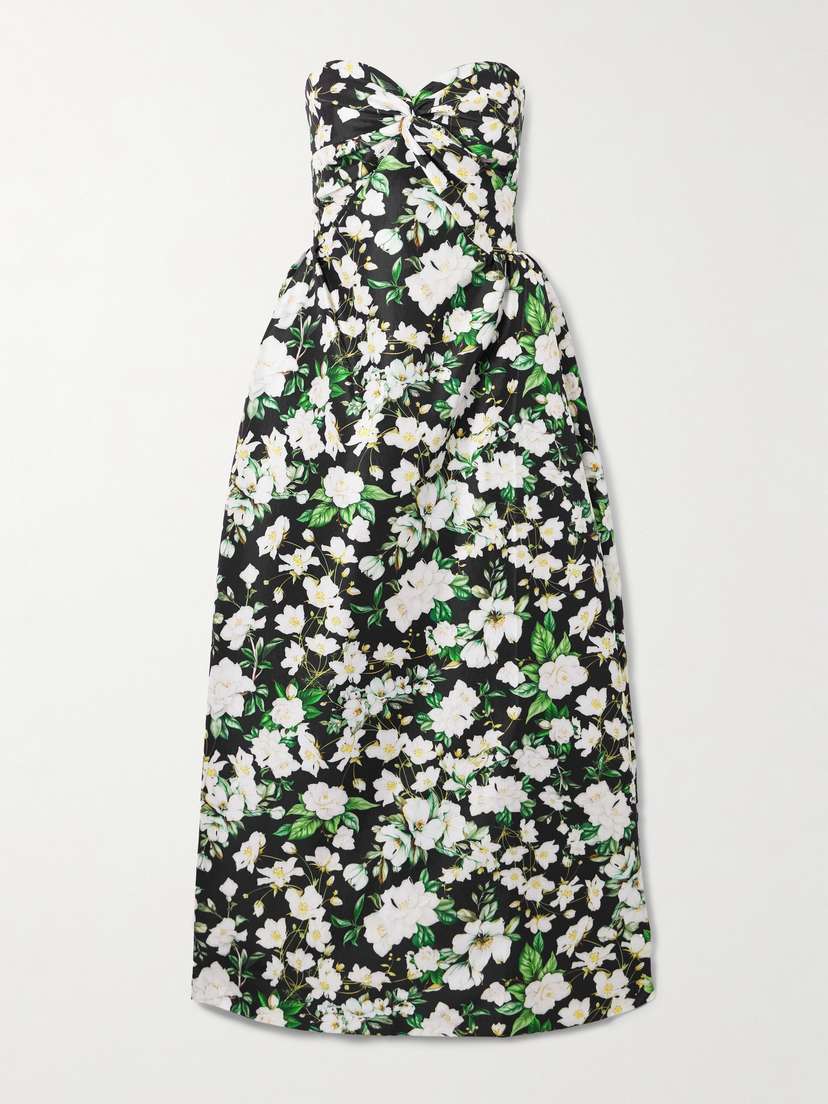 Kika Vargas Strapless Twist-front Floral-print Taffeta Maxi Dress
