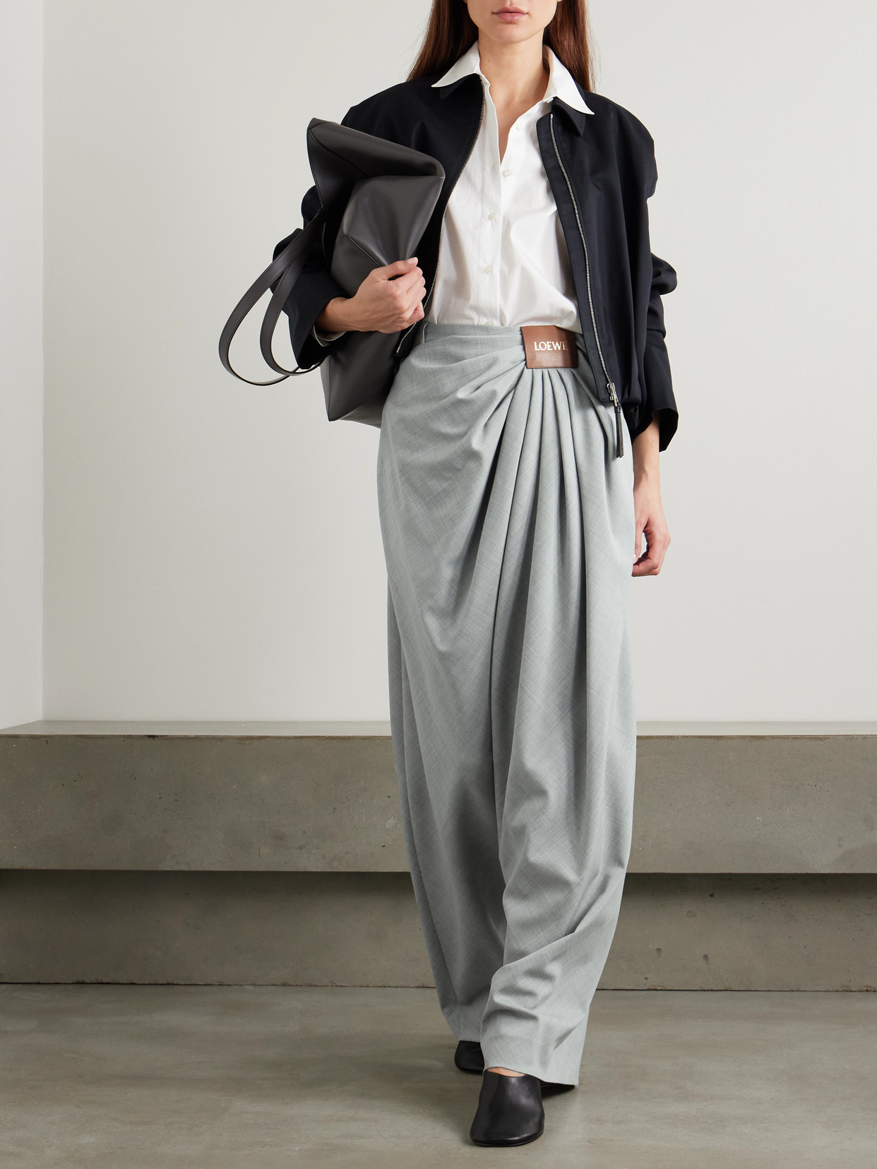 Loewe Draped Loose Wool-blend Trousers In Gray