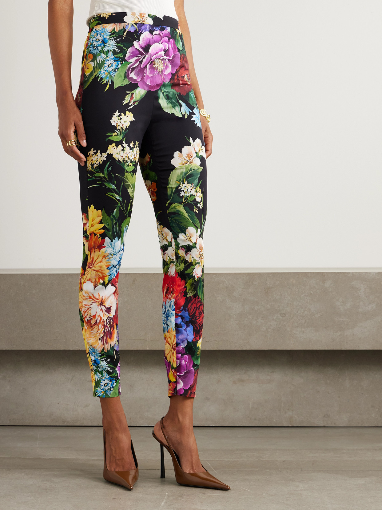 Dolce & Gabbana Floral-print Silk-blend Charmeuse Skinny Pants