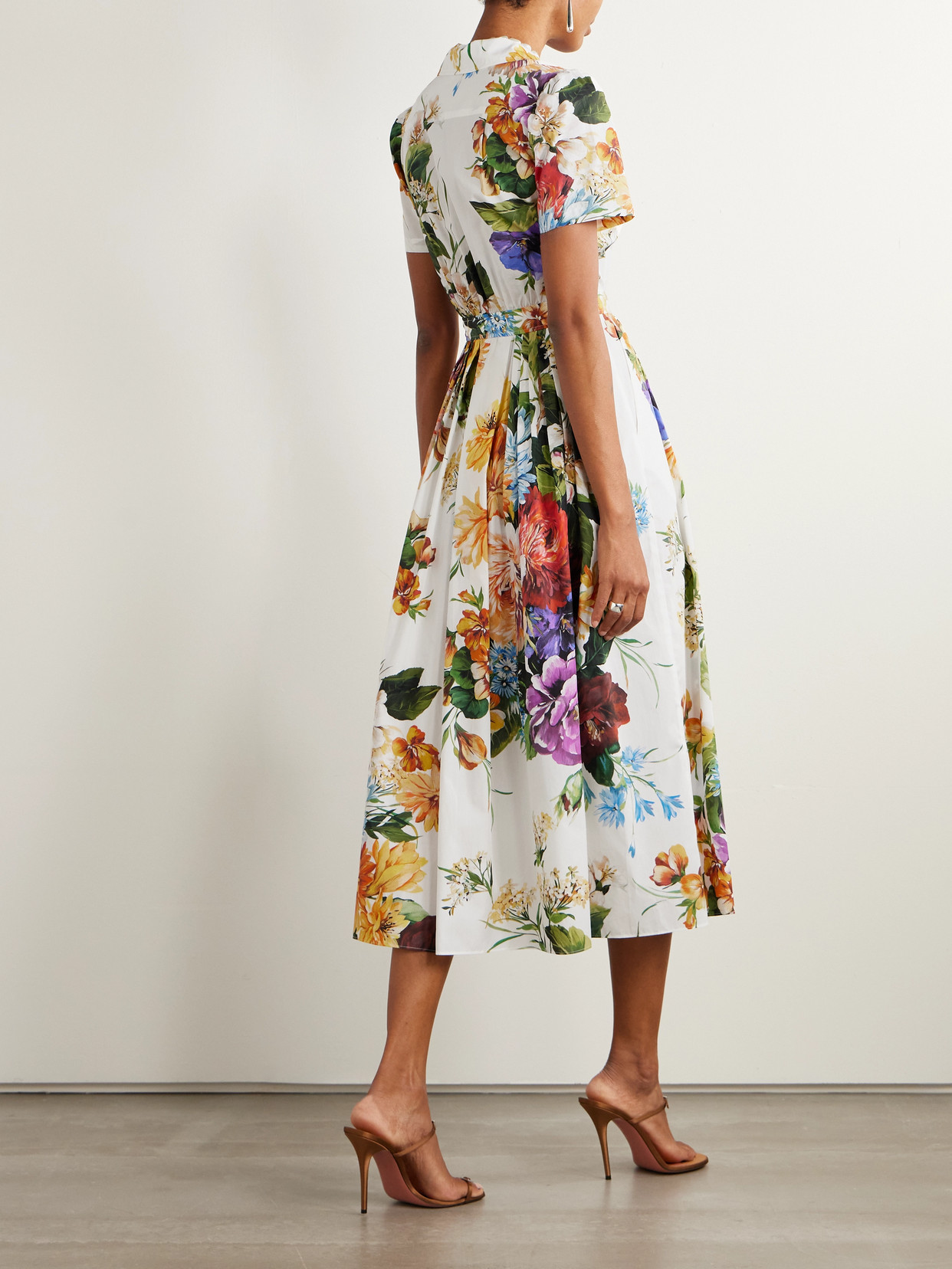 Dolce & Gabbana Pleated Floral-print Cotton-poplin Midi Dress In White