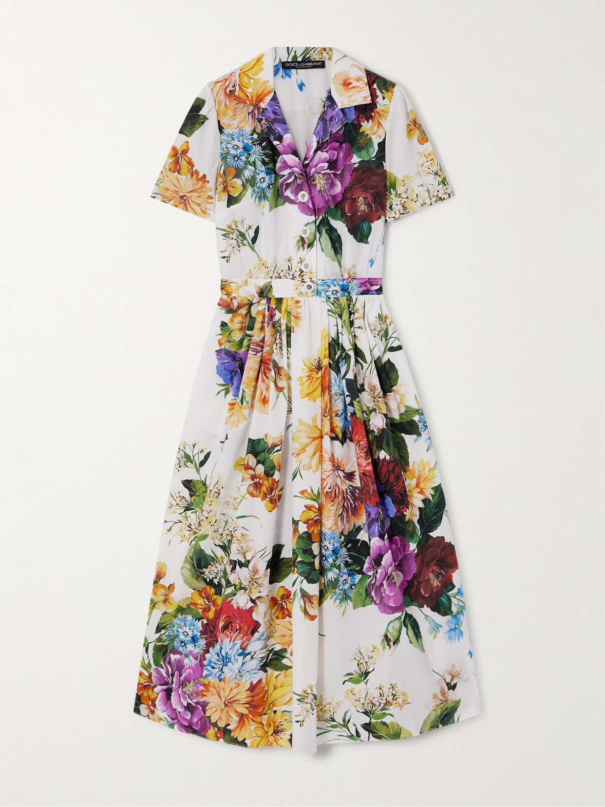 Dolce & Gabbana Pleated Floral-print Cotton-poplin Midi Dress In White