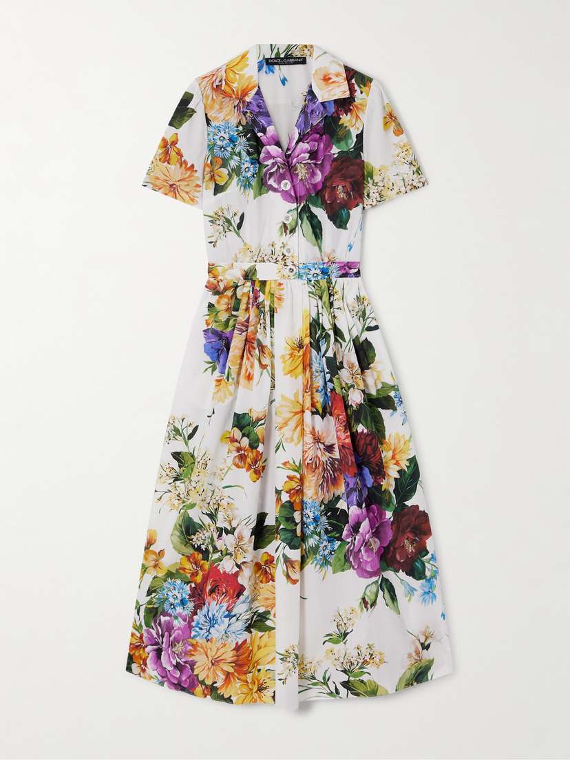 Dolce & Gabbana Pleated Floral-print Cotton-poplin Midi Dress