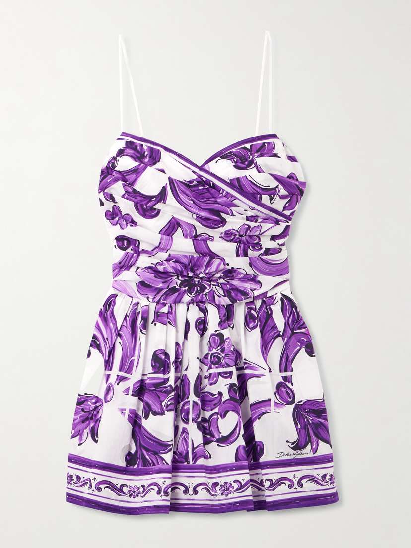 Dolce & Gabbana Gathered Printed Cotton-poplin Wrap-effect Mini Dress