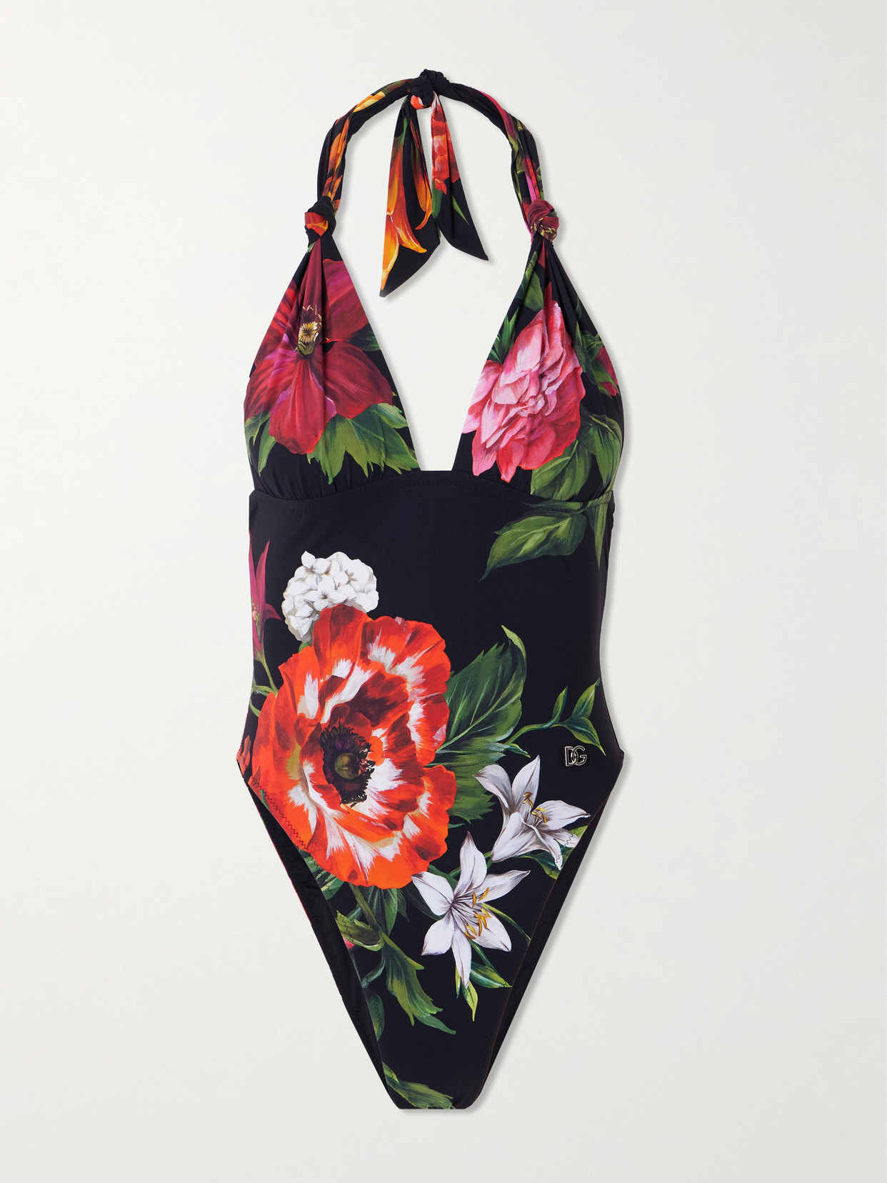 Dolce & Gabbana Floral-print Halterneck Swimsuit In Black
