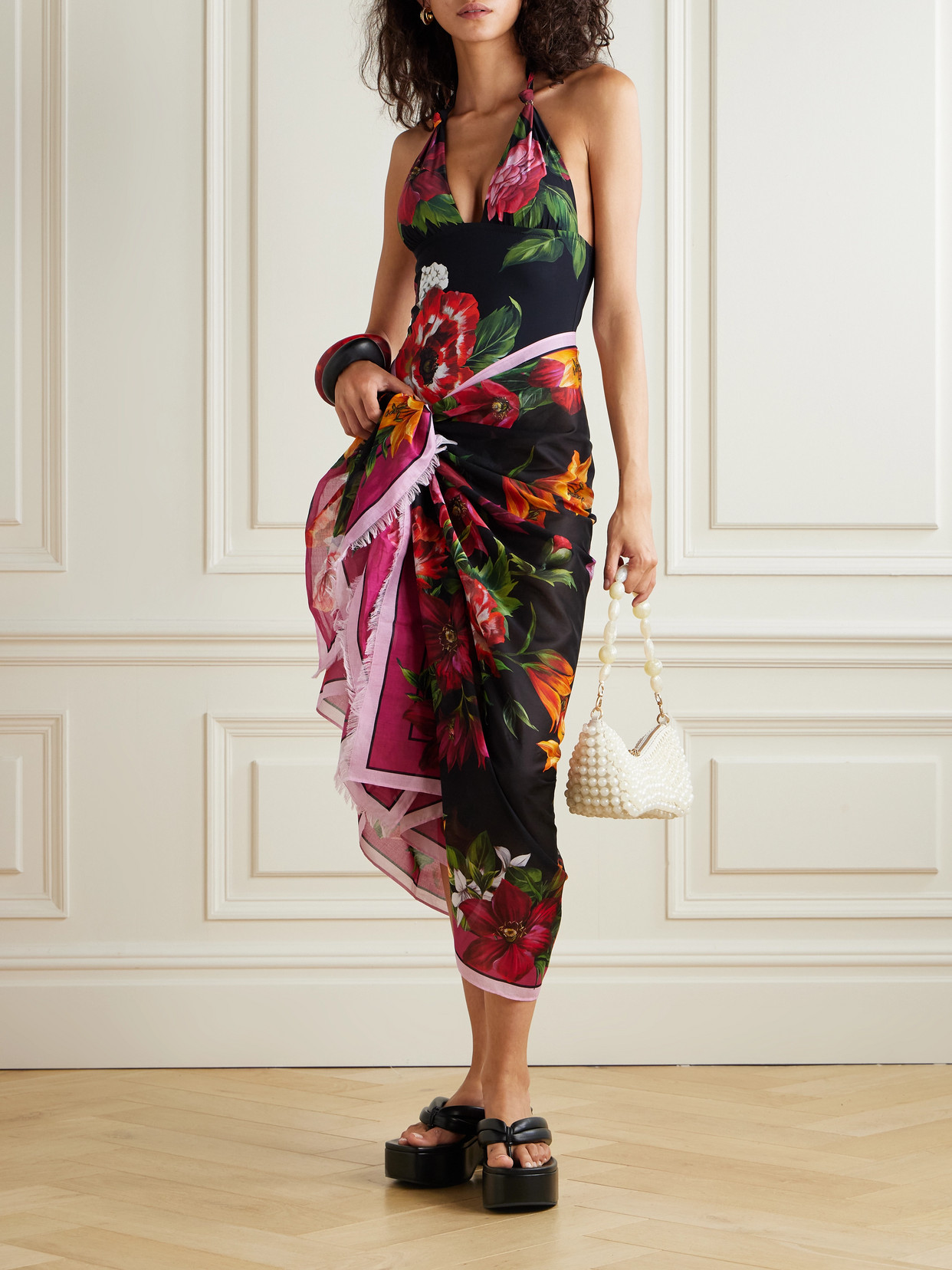 Dolce & Gabbana Floral-print Halterneck Swimsuit In Black