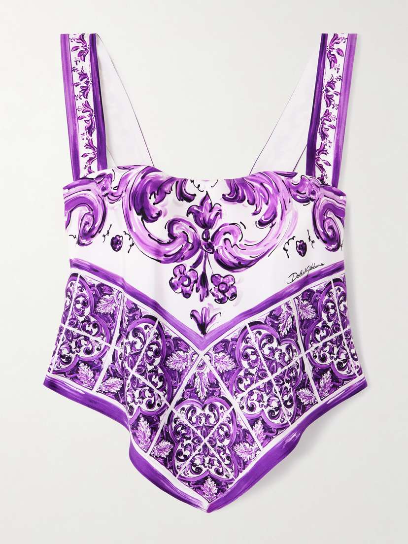 Dolce & Gabbana Cropped Asymmetric Printed Silk-twill Top