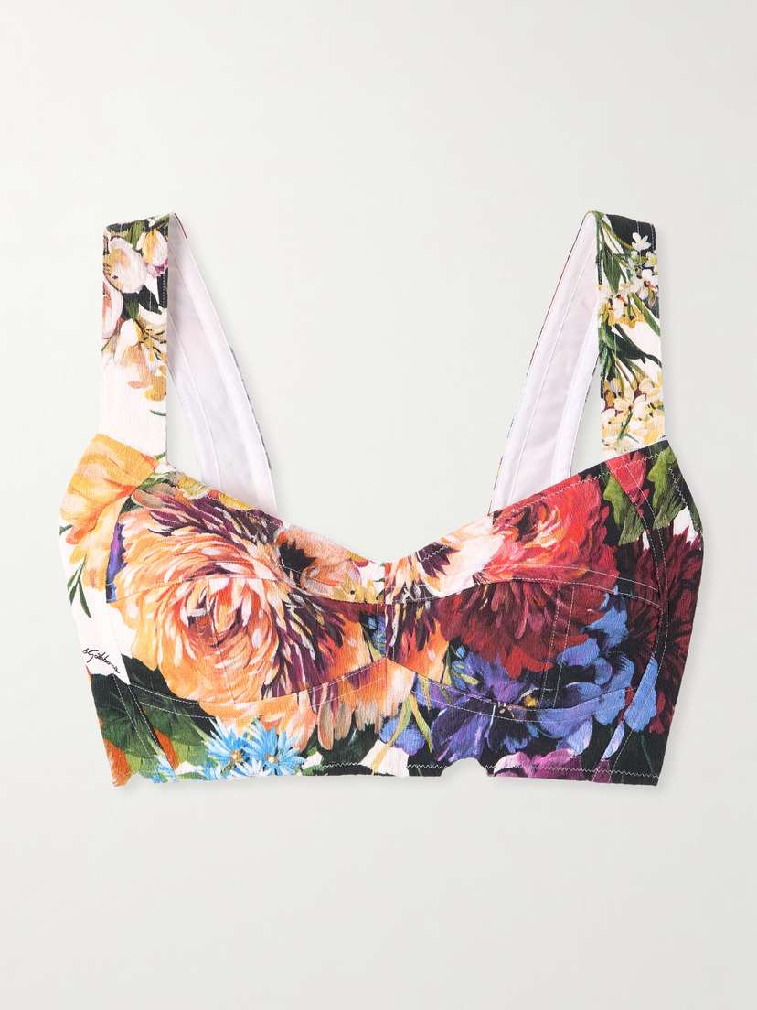 Dolce & Gabbana Cropped Poplin-trimmed Floral-print Crepon Bustier Top