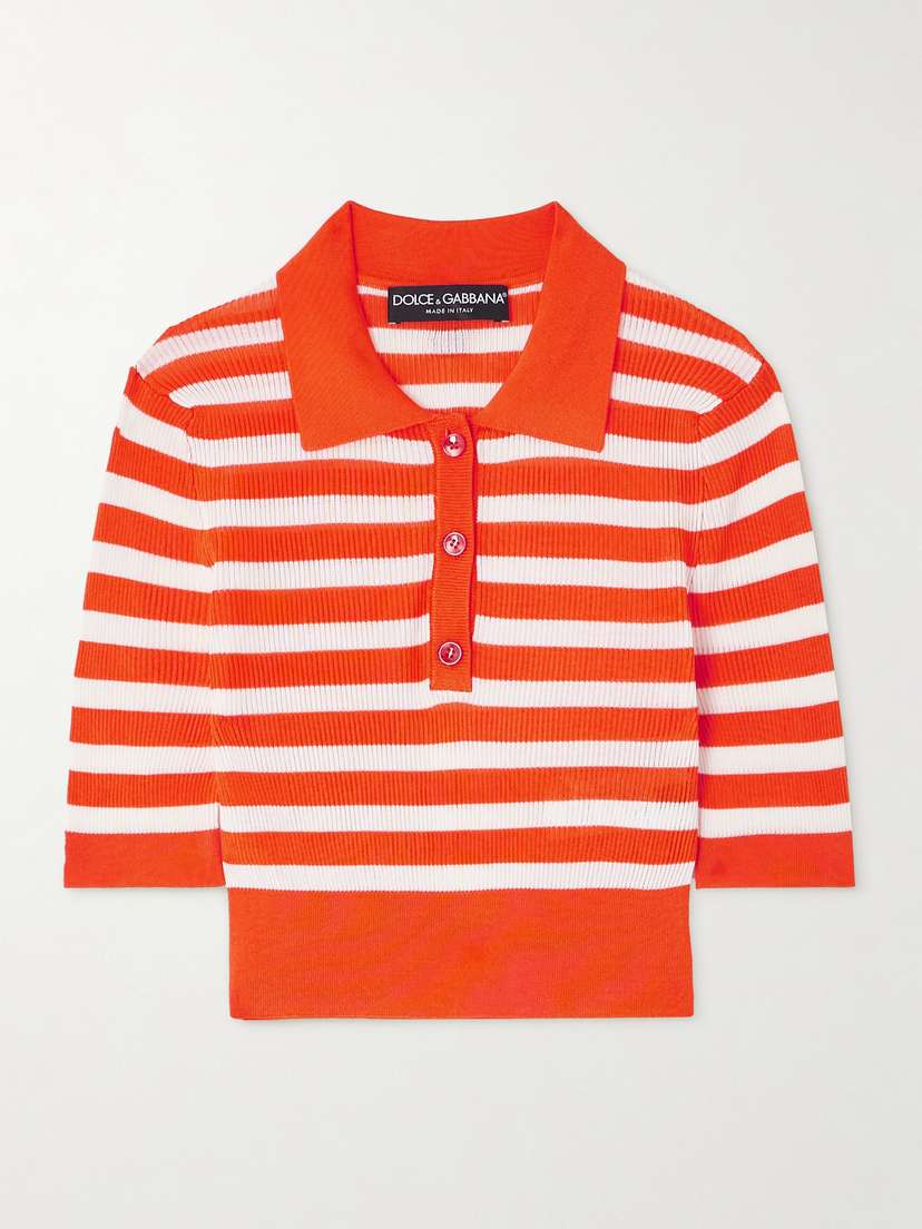 Dolce & Gabbana Cropped Striped Ribbed-knit Polo Shirt
