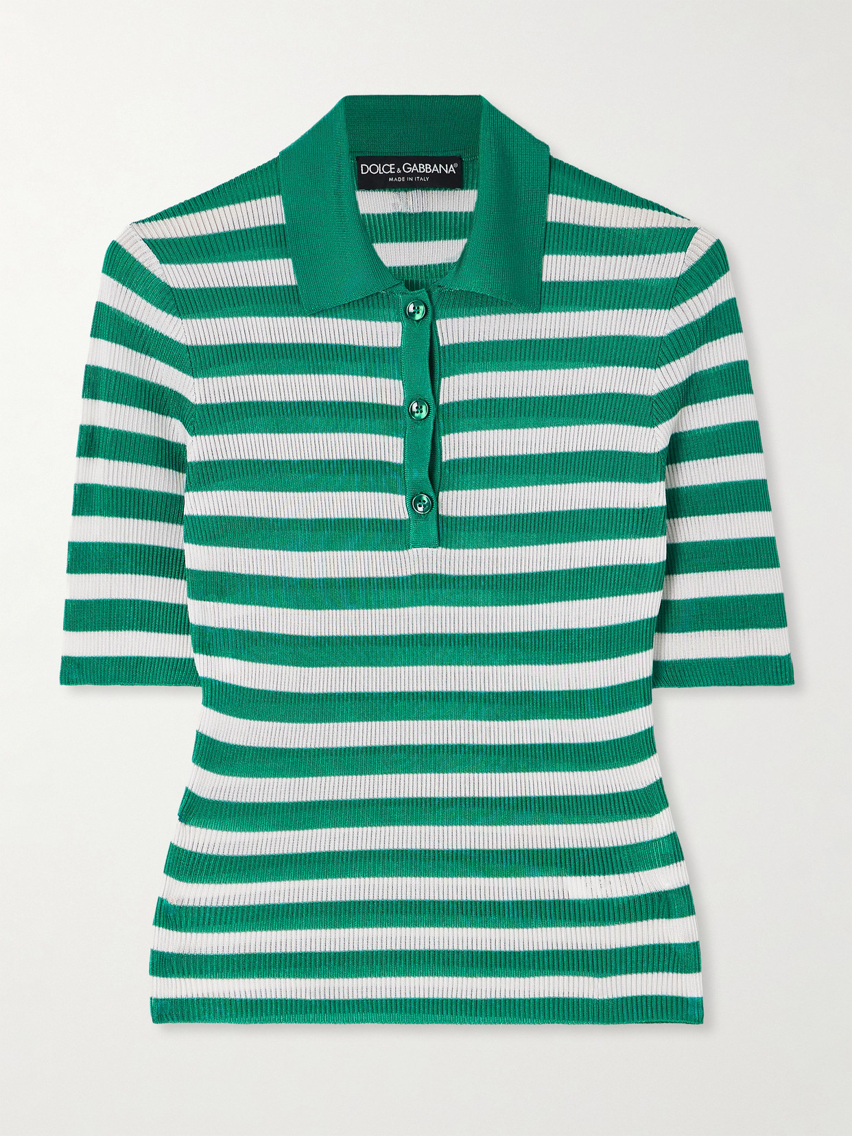 Dolce & Gabbana Striped Ribbed-knit Polo Shirt In Green