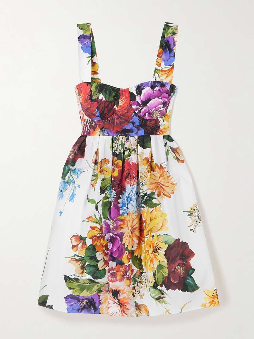 Dolce & Gabbana Shirred Floral-print Cotton-poplin Bustier Mini Dress