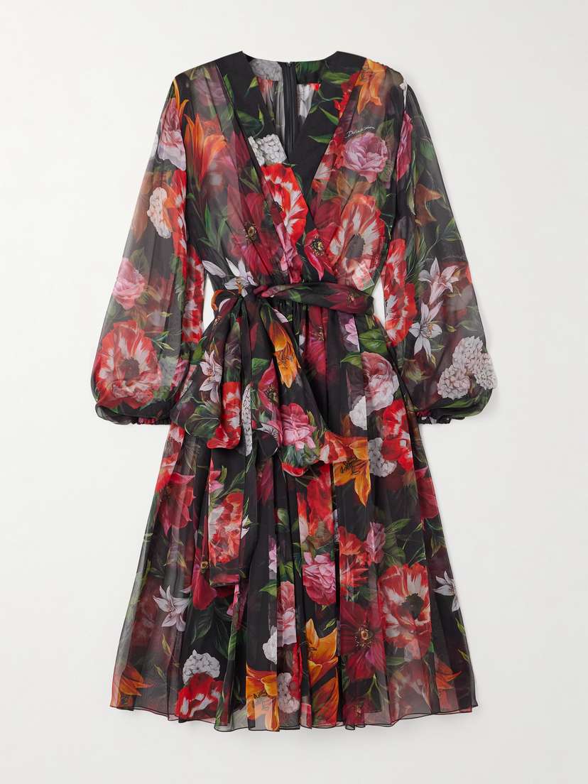 Dolce & Gabbana Belted Ruffled Floral-print Silk-chiffon Midi Dress