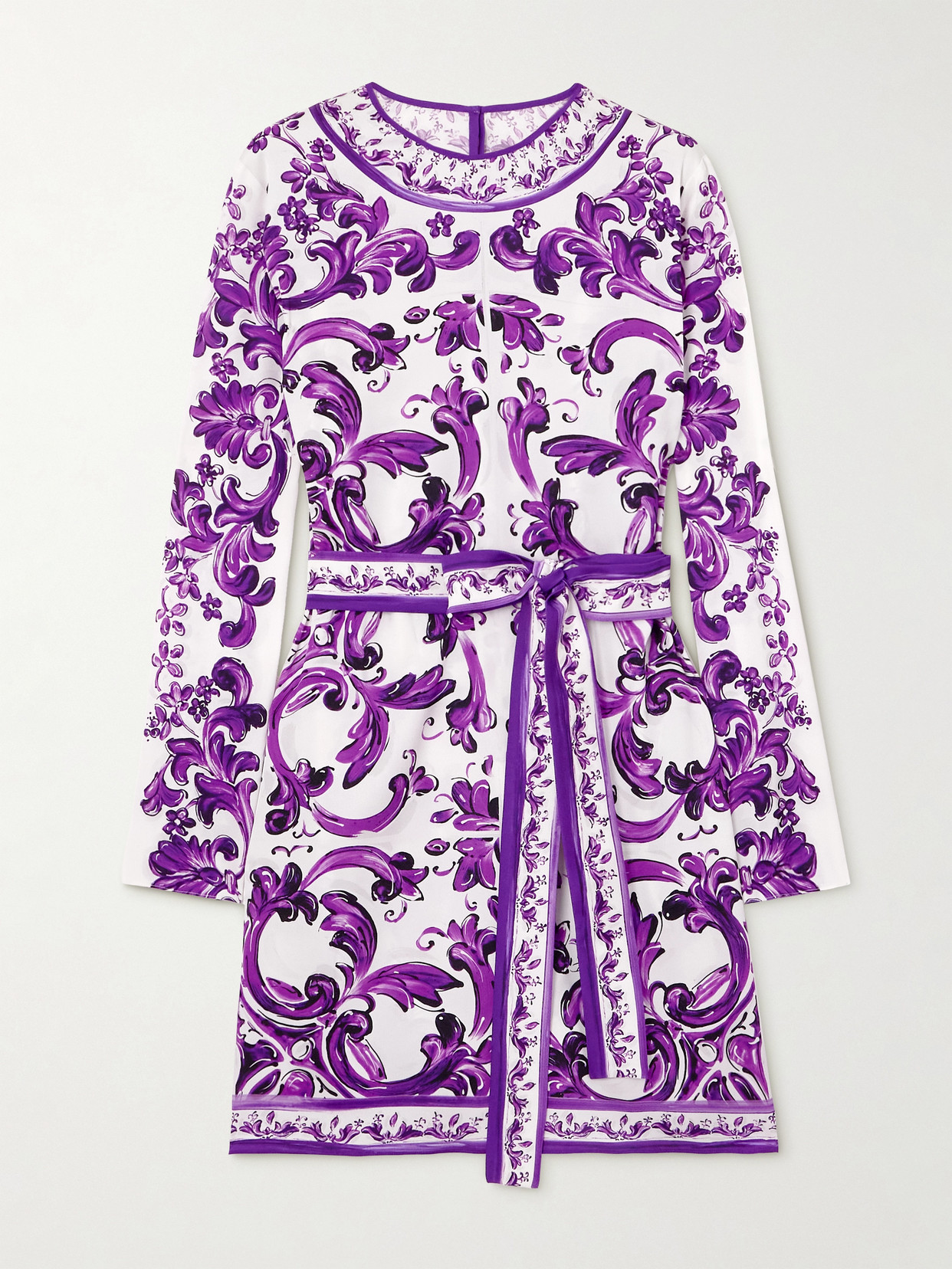 Dolce & Gabbana Belted Printed Silk-blend Voile Mini Dress In Purple