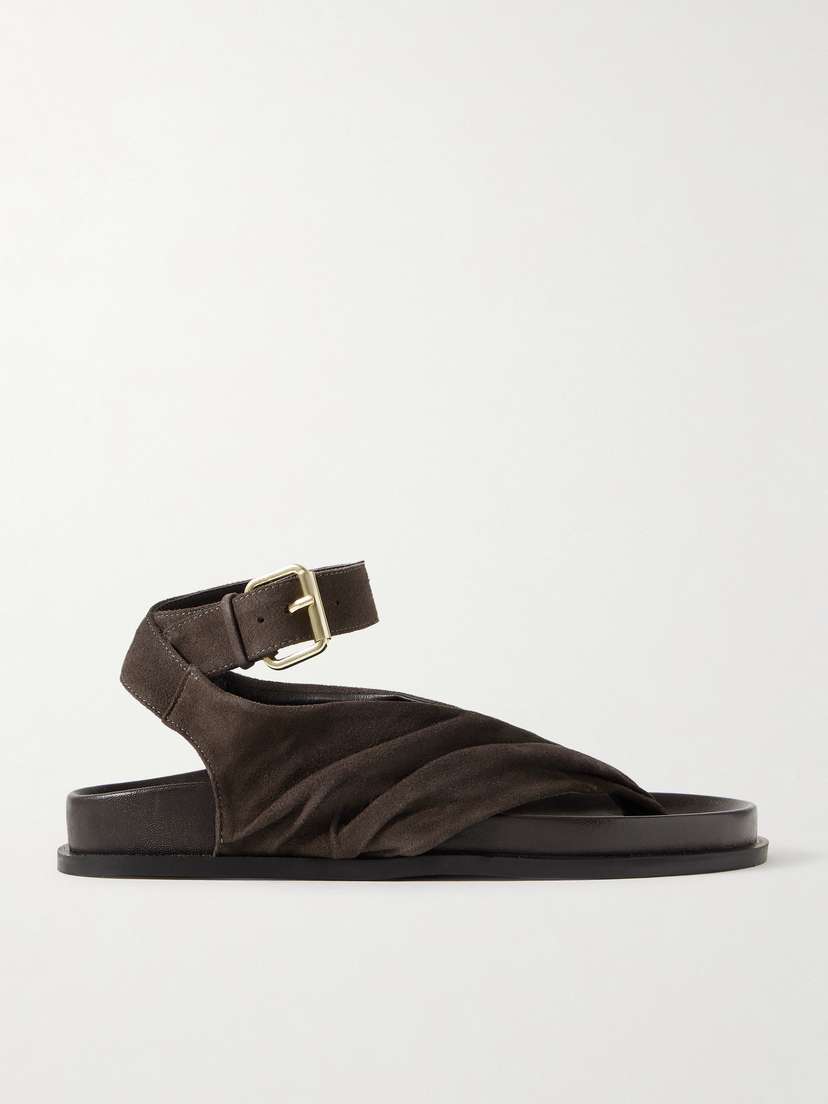 A Emery Mantei Ruched Suede And Leather Sandals