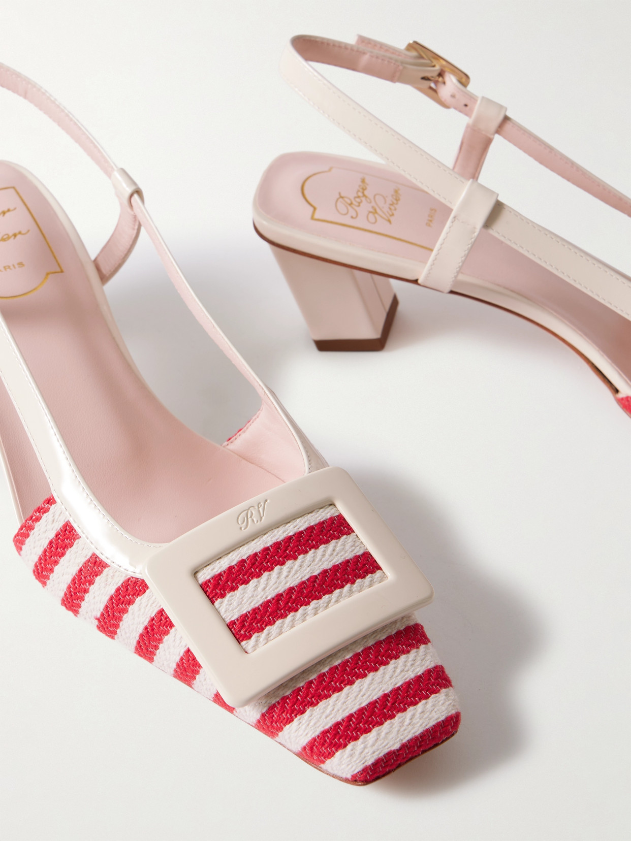Belle Vivier 45 Patent-Leather Trimmed Striped Canvas Slingback