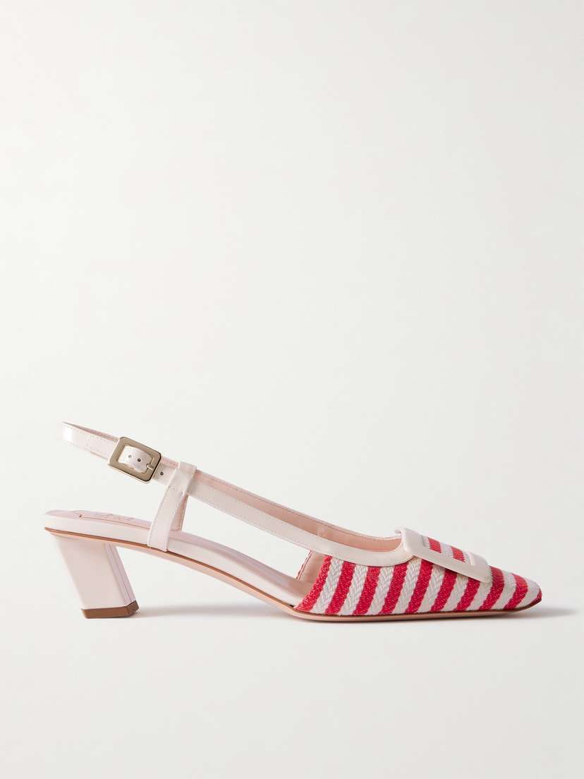 Roger Vivier Belle Vivier 45 Patent-leather Trimmed Striped Canvas Slingback Pumps
