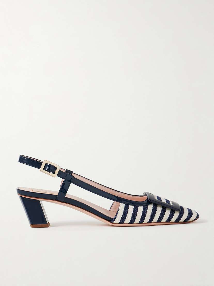 Roger Vivier Belle Vivier 45 Patent Leather-trimmed Striped Woven Slingback Pumps