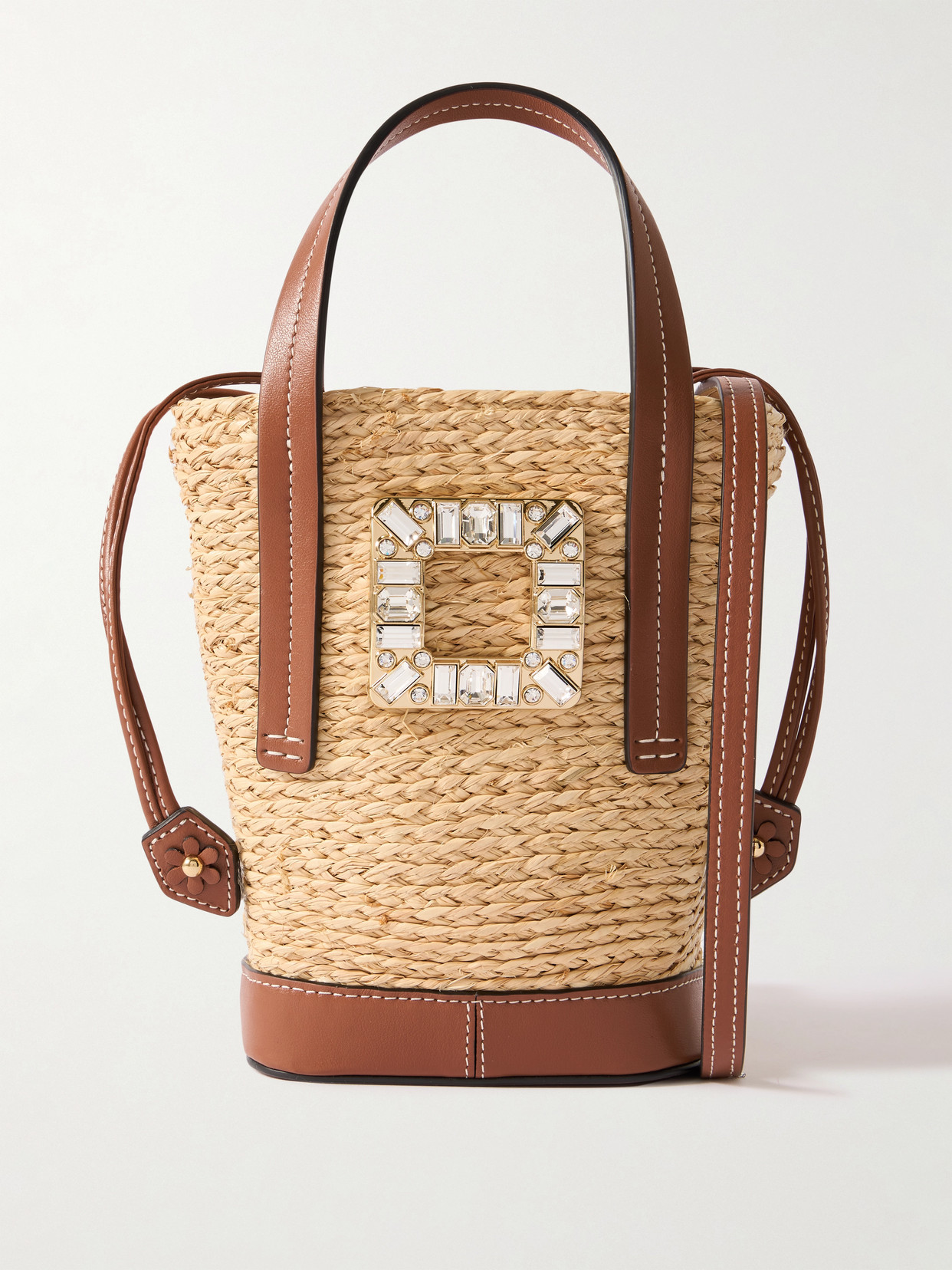 Roger Vivier Viv Skate Mini Crystal-embellished Leather-trimmed Raffia Bucket Bag In Neutrals