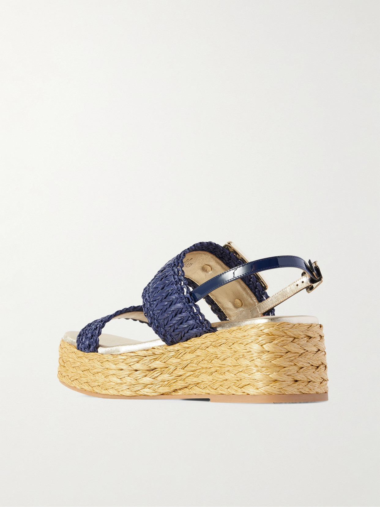 Roger Vivier 60 Crystal-embellished Patent-leather Trimmed Raffia Platform Espadrille Sandals In Blue