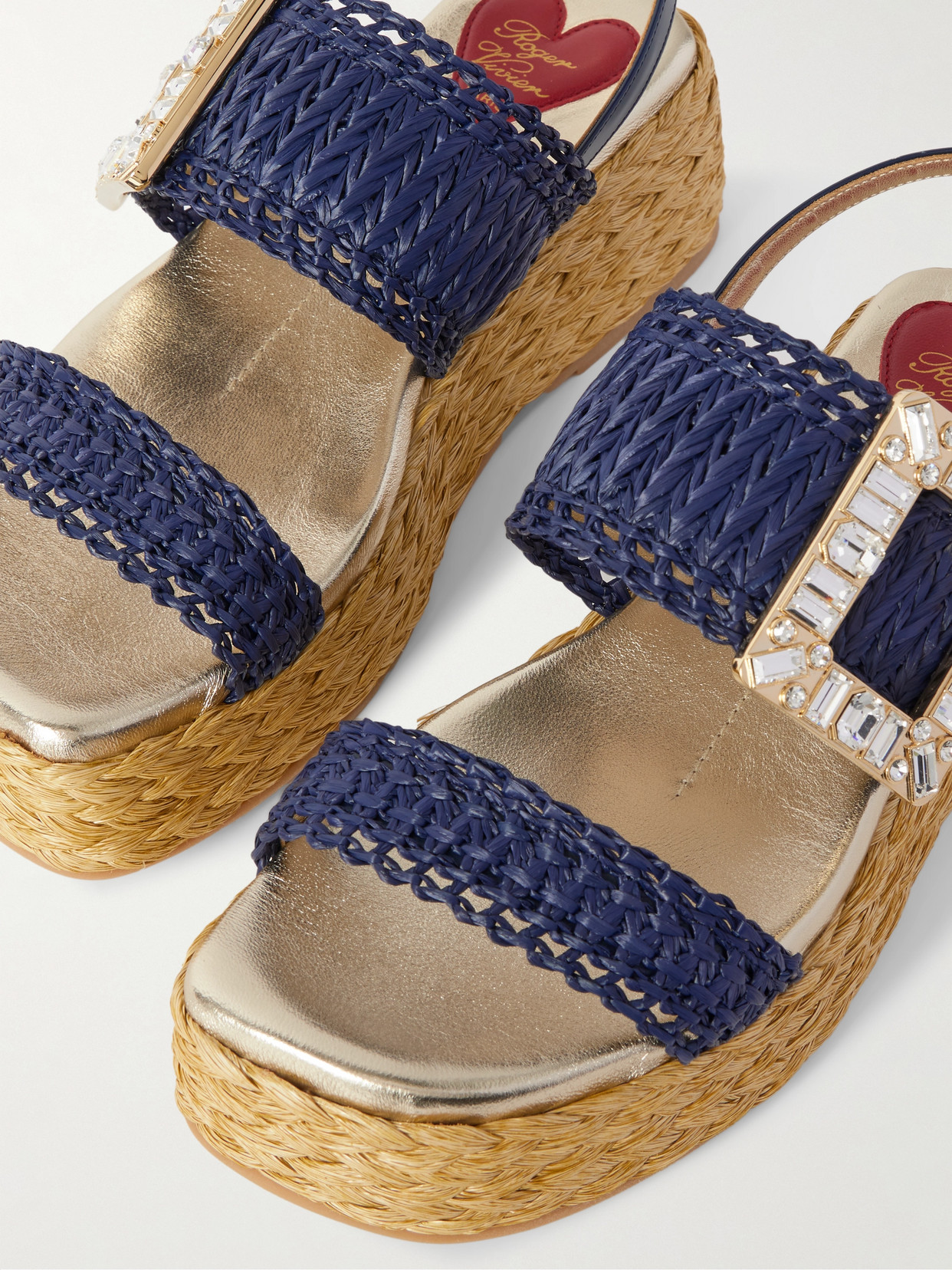 Roger Vivier 60 Crystal-embellished Patent-leather Trimmed Raffia Platform Espadrille Sandals In Blue