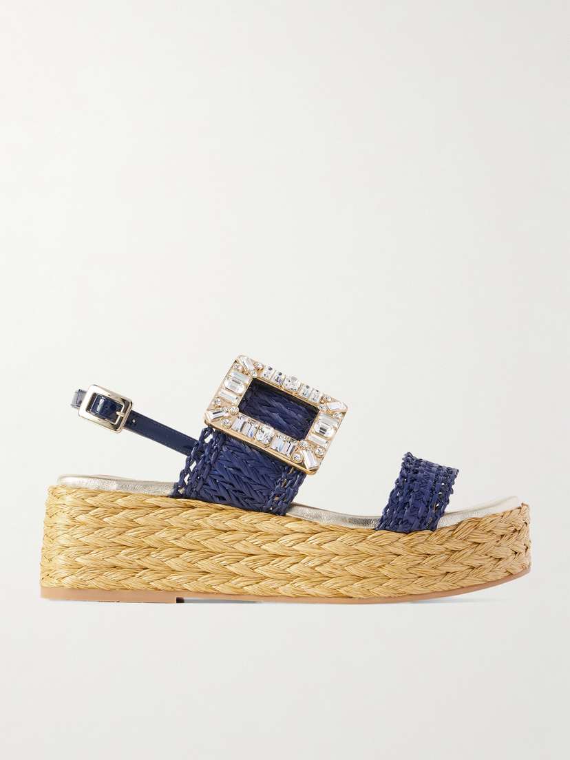 Roger Vivier 60 Crystal-embellished Patent-leather Trimmed Raffia Platform Espadrille Sandals