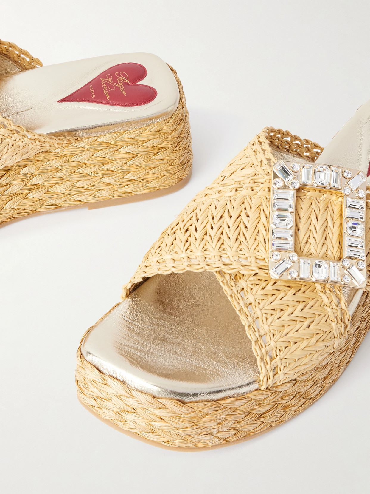 Roger Vivier 60 Embellished Raffia Platform Mules In Neutrals