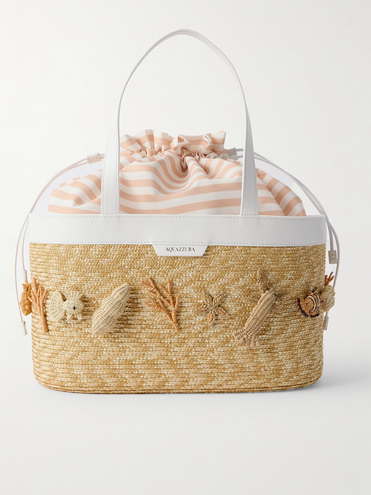 Aquazzura Marea Leather-trimmed Embellished Raffia And Striped Gabardine Tote