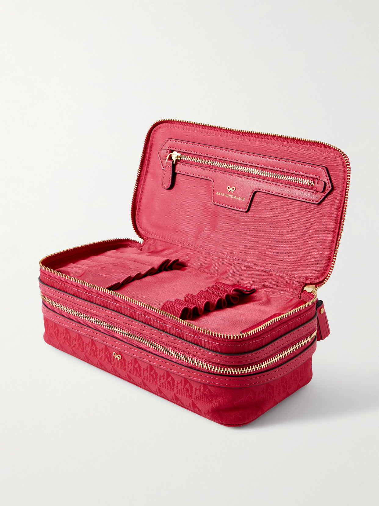 ANYA HINDMARCH MAKE-UP LEATHER-TRIMMED JACQUARD COSMETICS CASE
